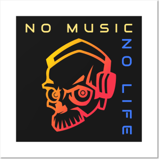 No Music No Life - Headphone Skull - Cool Music Quote Posters and Art